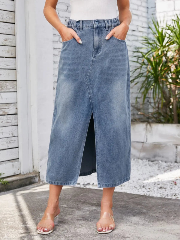 Slit Midi Denim Skirt with Pockets - ShalayeFashion
