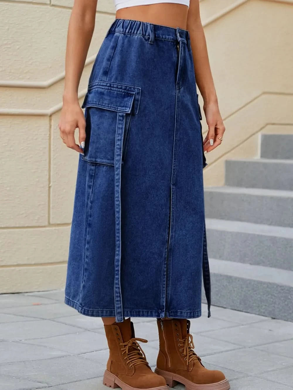 Slit Pocketed High Waist Denim Skirt - ShalayeFashion