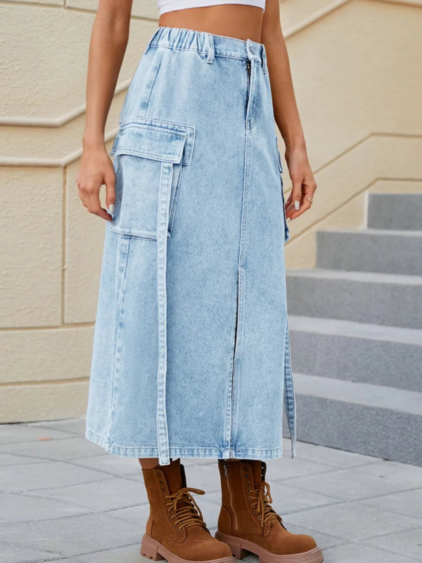 Slit Pocketed High Waist Denim Skirt - ShalayeFashion