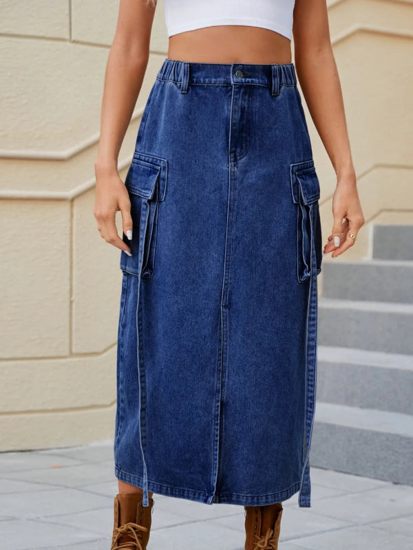 Slit Pocketed High Waist Denim Skirt - ShalayeFashion