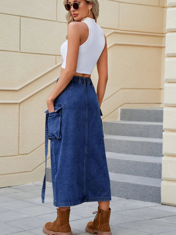 Slit Pocketed High Waist Denim Skirt - ShalayeFashion