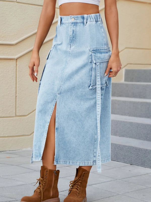 Slit Pocketed High Waist Denim Skirt - ShalayeFashion