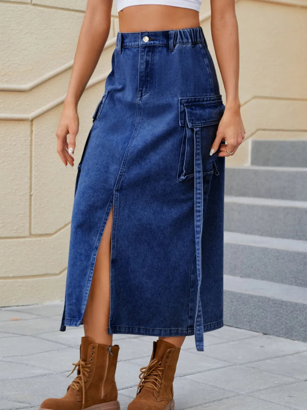 Slit Pocketed High Waist Denim Skirt - ShalayeFashion