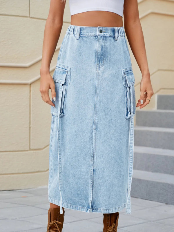 Slit Pocketed High Waist Denim Skirt - ShalayeFashion