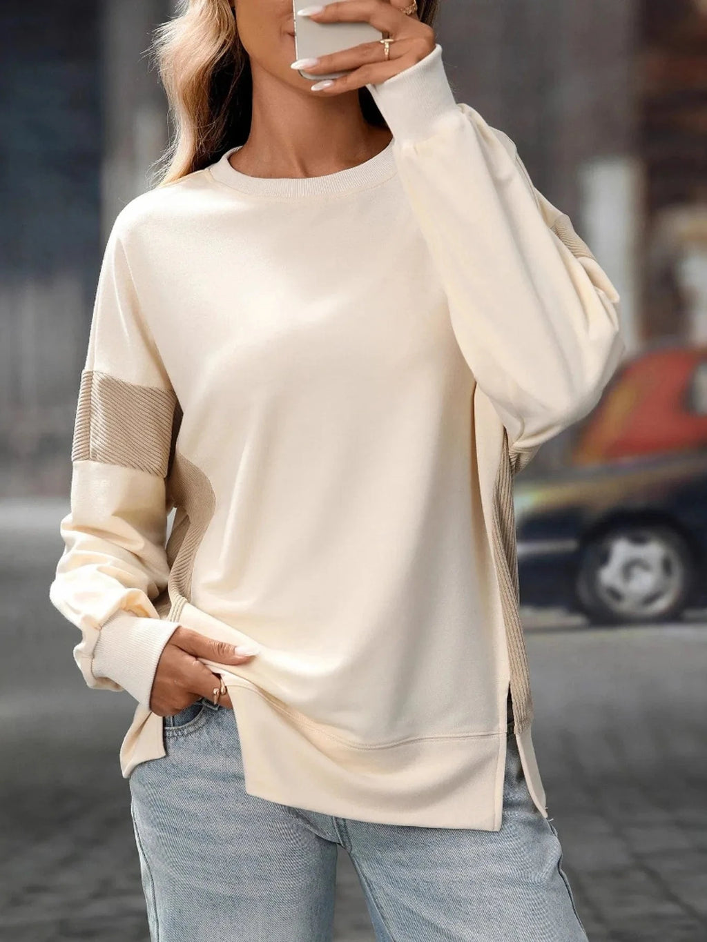 Slit Round Neck Long Sleeve Sweatshirt - ShalayeFashion