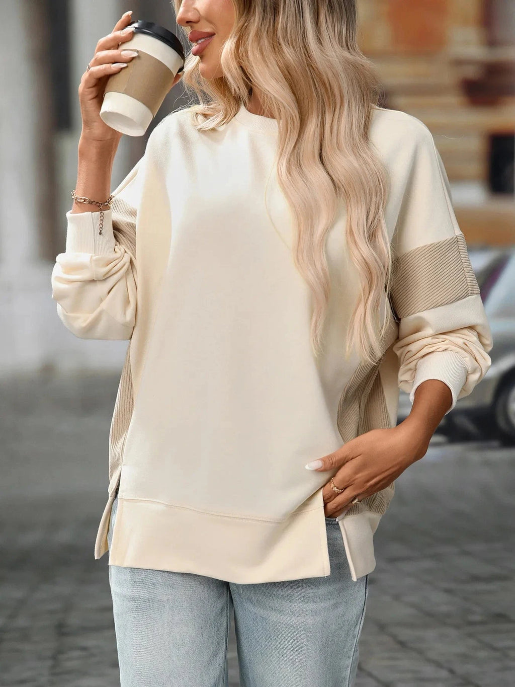 Slit Round Neck Long Sleeve Sweatshirt - ShalayeFashion