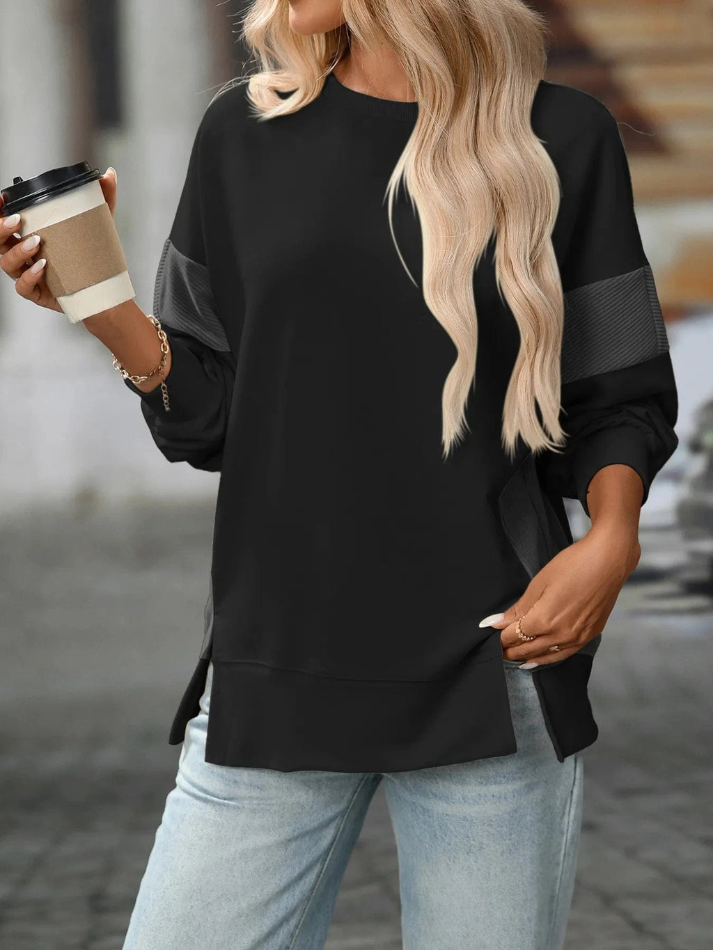 Slit Round Neck Long Sleeve Sweatshirt - ShalayeFashion