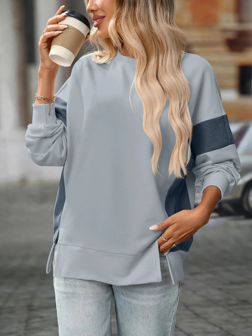 Slit Round Neck Long Sleeve Sweatshirt - ShalayeFashion