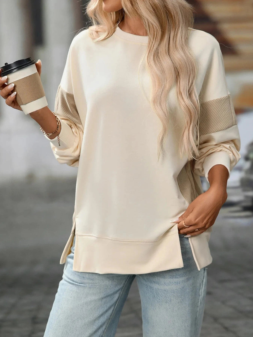 Slit Round Neck Long Sleeve Sweatshirt - ShalayeFashion