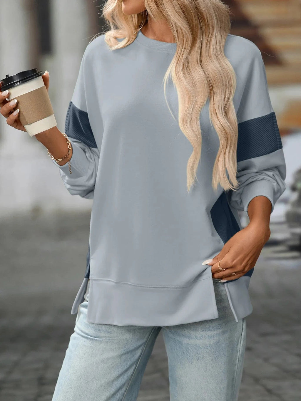 Slit Round Neck Long Sleeve Sweatshirt - ShalayeFashion