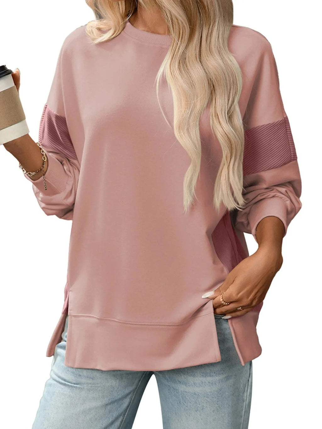 Slit Round Neck Long Sleeve Sweatshirt - ShalayeFashion