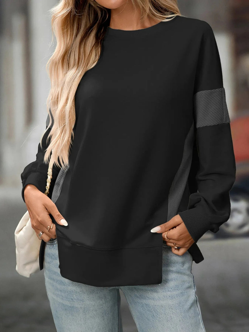 Slit Round Neck Long Sleeve Sweatshirt - ShalayeFashion