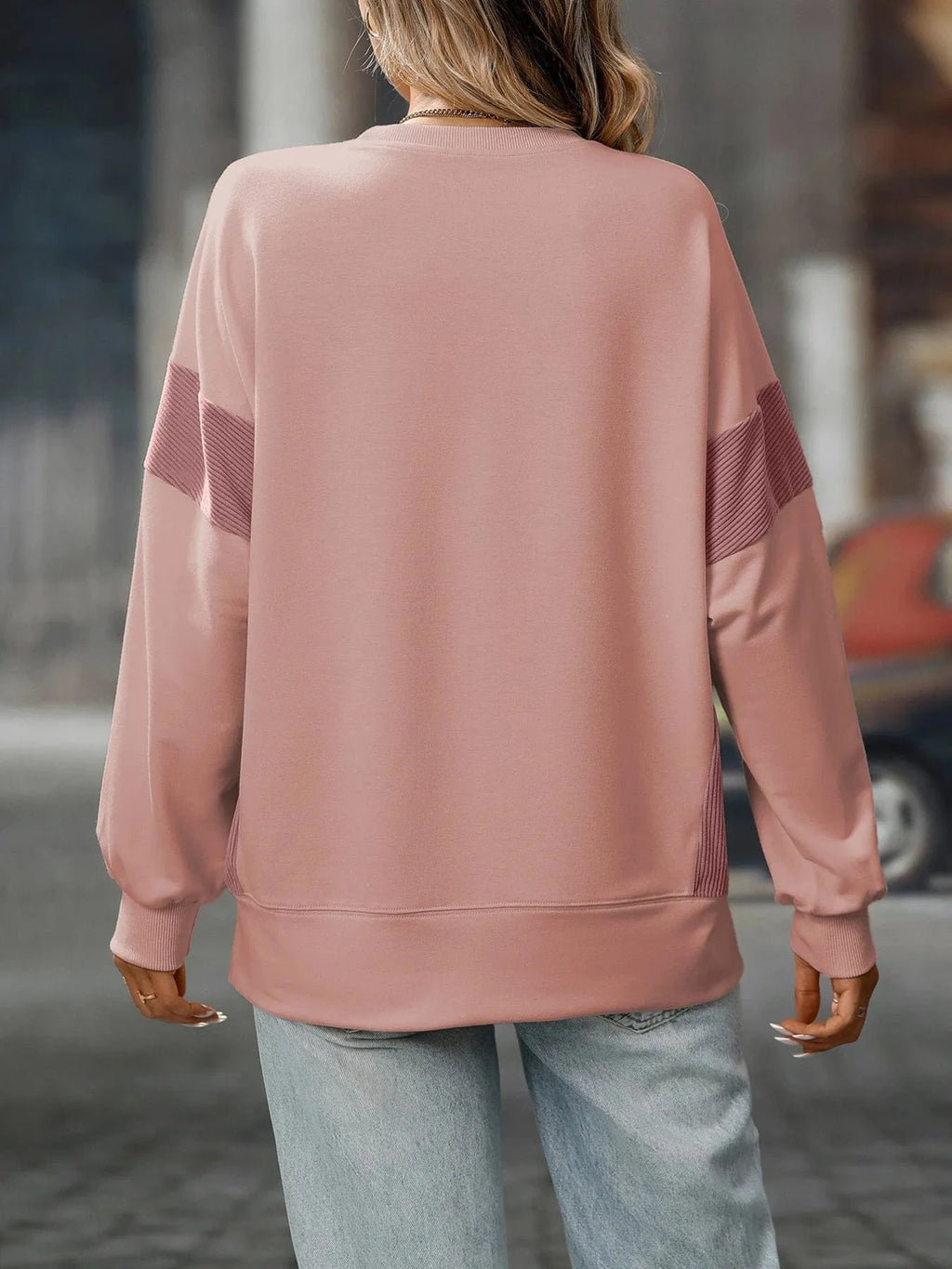 Slit Round Neck Long Sleeve Sweatshirt - ShalayeFashion