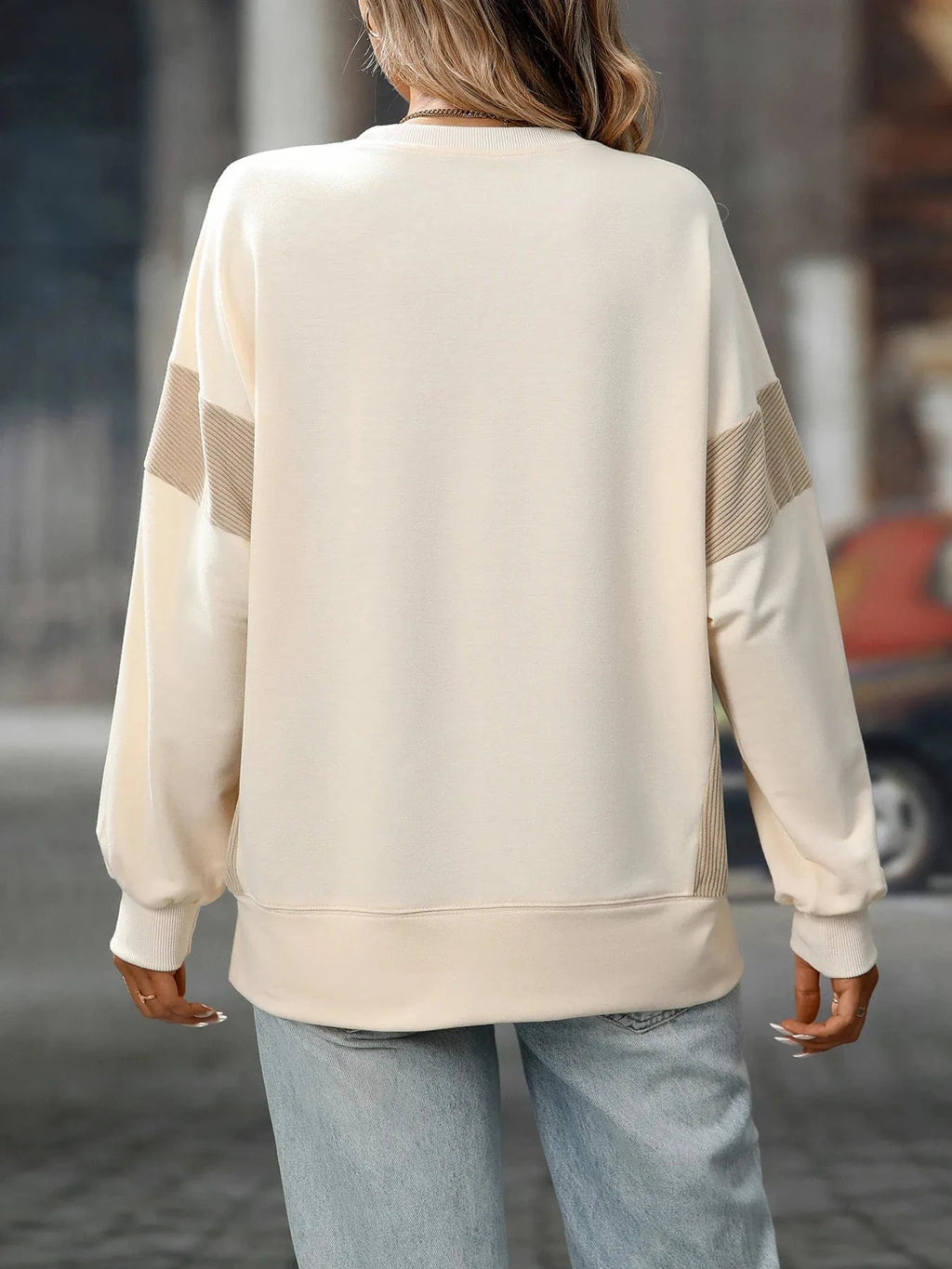 Slit Round Neck Long Sleeve Sweatshirt - ShalayeFashion