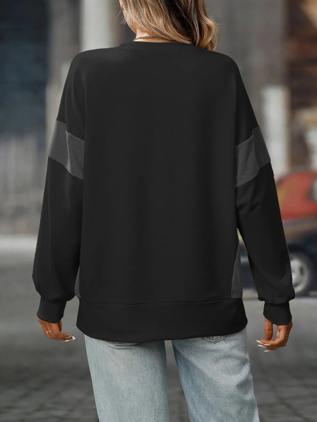 Slit Round Neck Long Sleeve Sweatshirt - ShalayeFashion