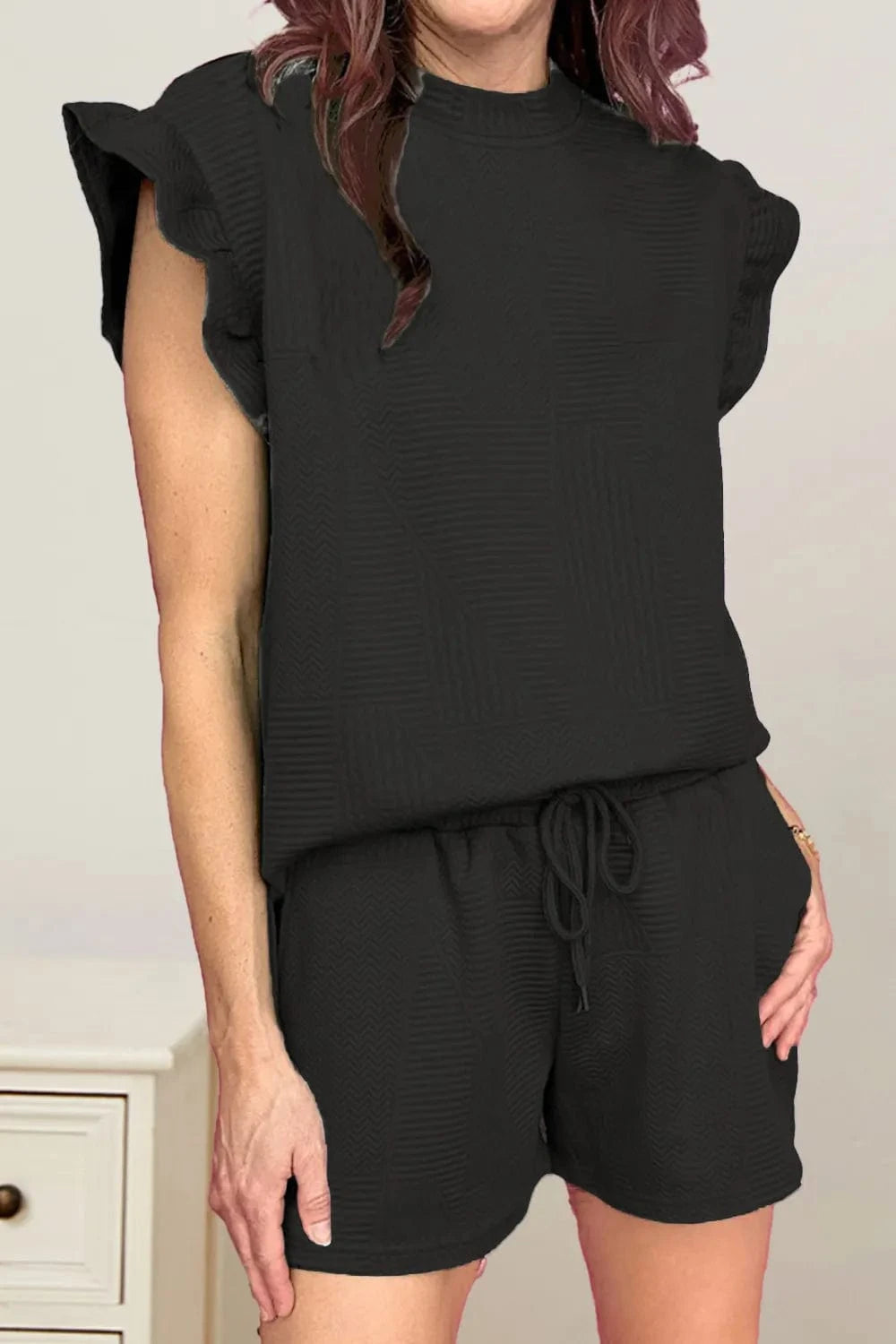 Slit Round Neck Top and Drawstring Shorts Set - ShalayeFashion