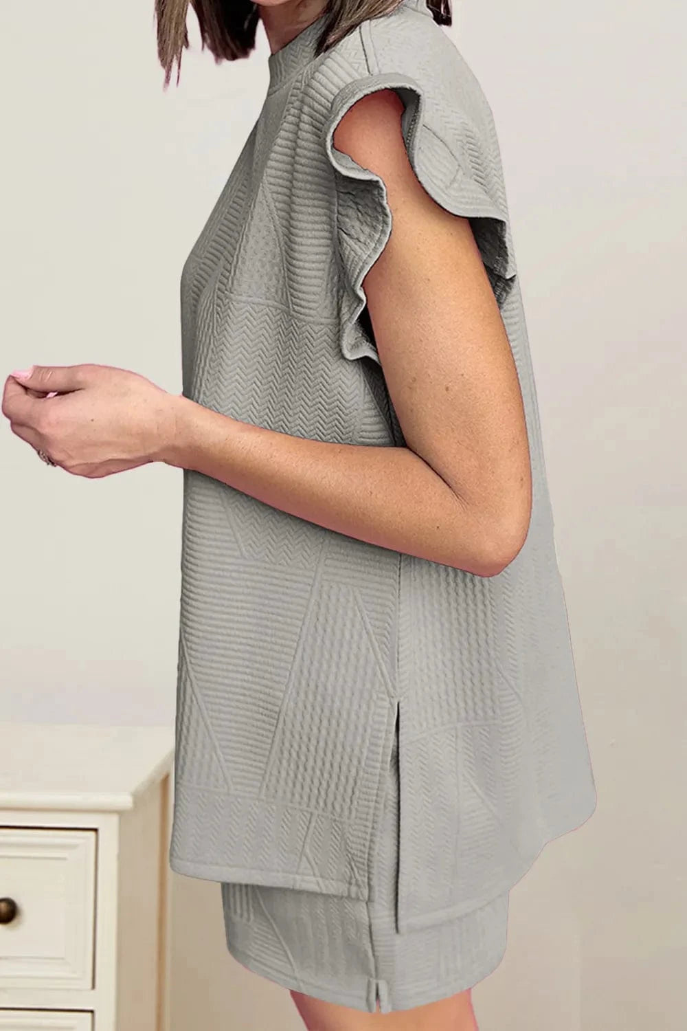 Slit Round Neck Top and Drawstring Shorts Set - ShalayeFashion