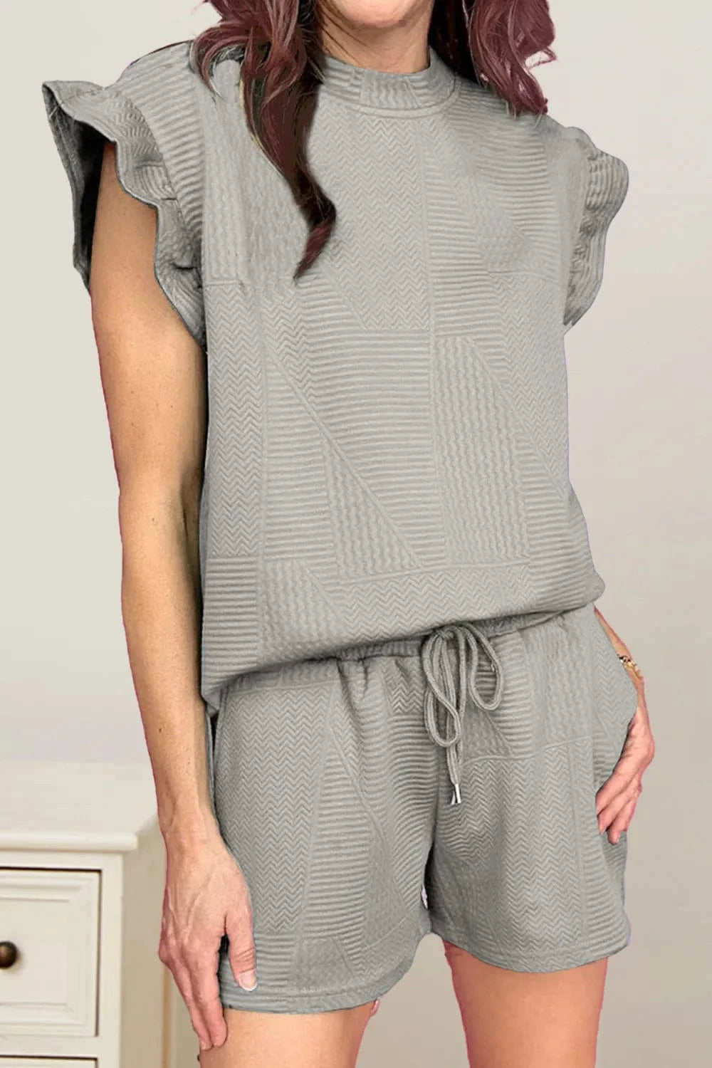 Slit Round Neck Top and Drawstring Shorts Set - ShalayeFashion
