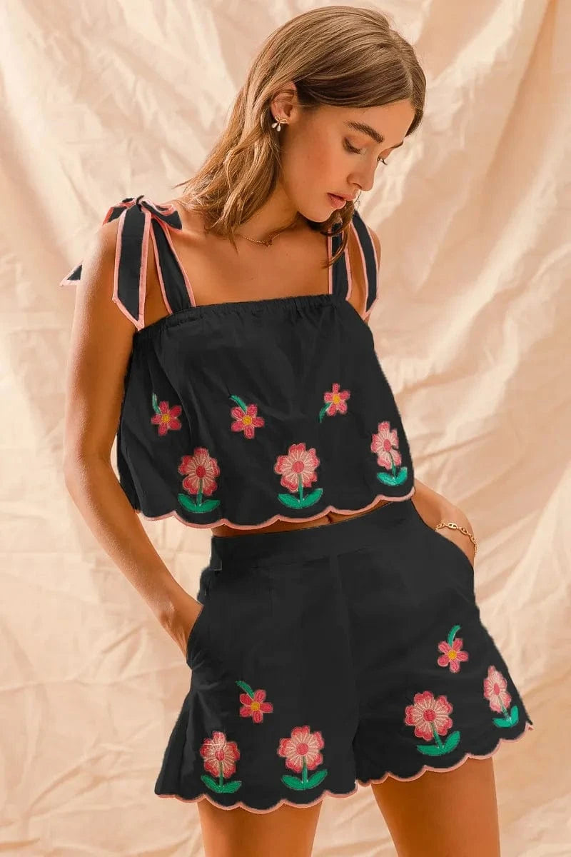 SO ME Flower Embroidered Tank Top and Shorts Set - ShalayeFashion