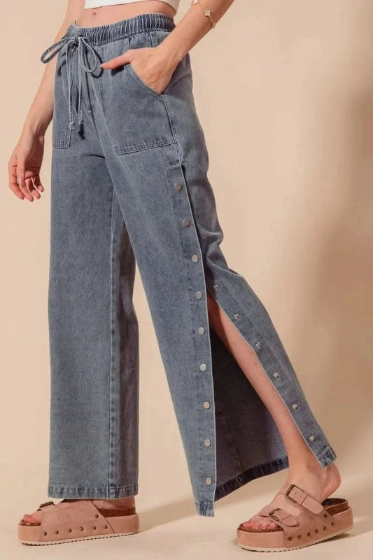 SO ME Mid Rise Drawstring Jeans with Side Snap Button - ShalayeFashion