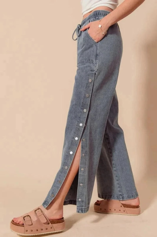 SO ME Mid Rise Drawstring Jeans with Side Snap Button - ShalayeFashion