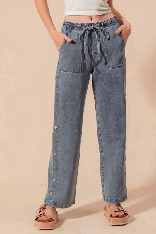 SO ME Mid Rise Drawstring Jeans with Side Snap Button - ShalayeFashion