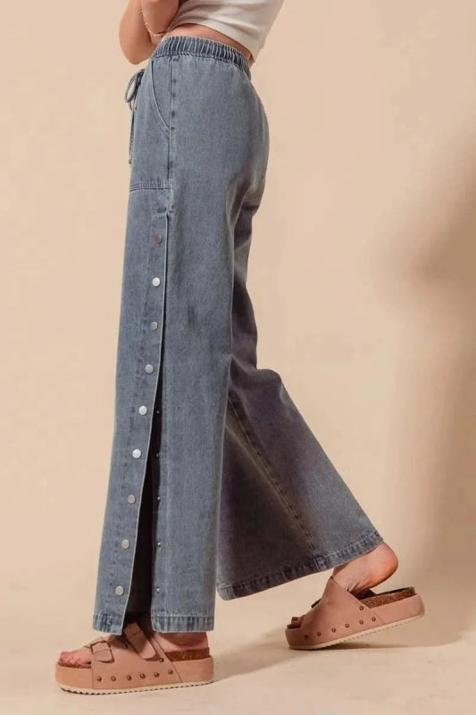SO ME Mid Rise Drawstring Jeans with Side Snap Button - ShalayeFashion