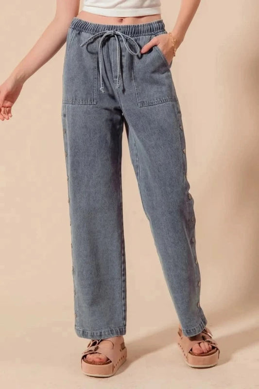 SO ME Mid Rise Drawstring Jeans with Side Snap Button - ShalayeFashion