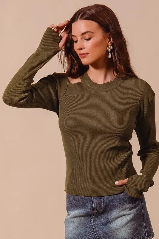 SO ME Rib Knit Top with Shoulder Cut Out - ShalayeFashion