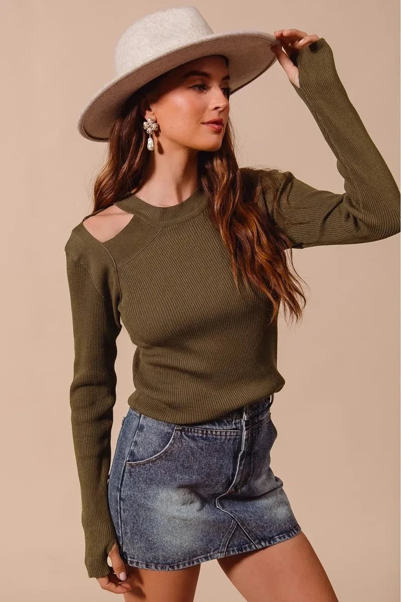 SO ME Rib Knit Top with Shoulder Cut Out - ShalayeFashion