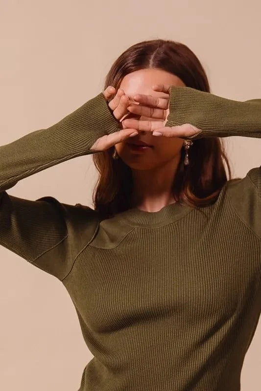 SO ME Rib Knit Top with Shoulder Cut Out - ShalayeFashion