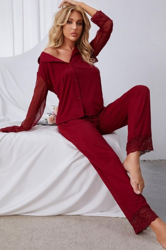 Spliced Lace Lapel Collar Pajama Set - ShalayeFashion