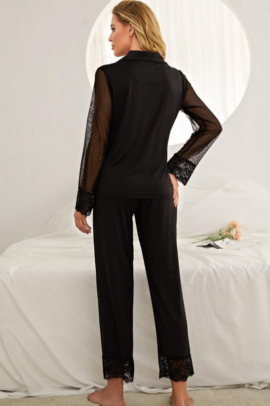 Spliced Lace Lapel Collar Pajama Set - ShalayeFashion
