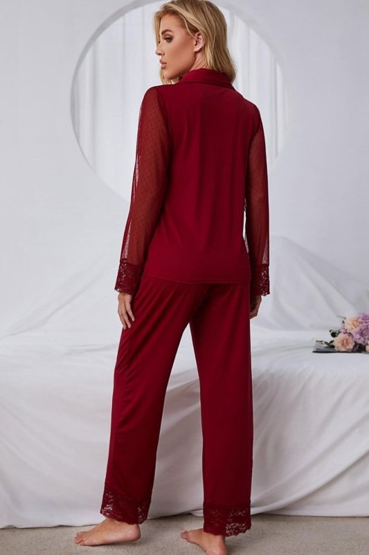 Spliced Lace Lapel Collar Pajama Set - ShalayeFashion