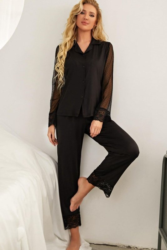 Spliced Lace Lapel Collar Pajama Set - ShalayeFashion