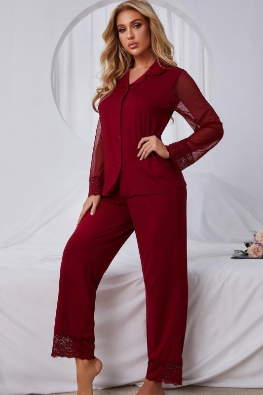Spliced Lace Lapel Collar Pajama Set - ShalayeFashion