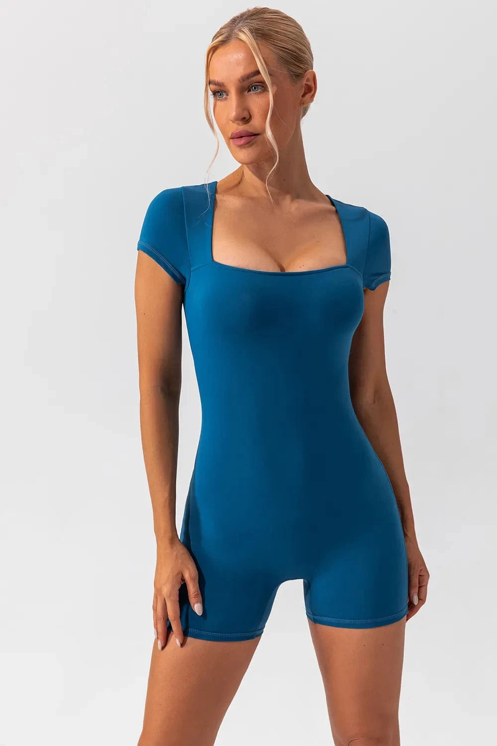 Square Neck Cap Sleeve Active Romper - ShalayeFashion
