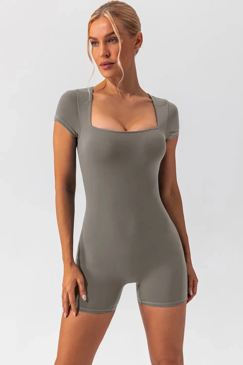 Square Neck Cap Sleeve Active Romper - ShalayeFashion