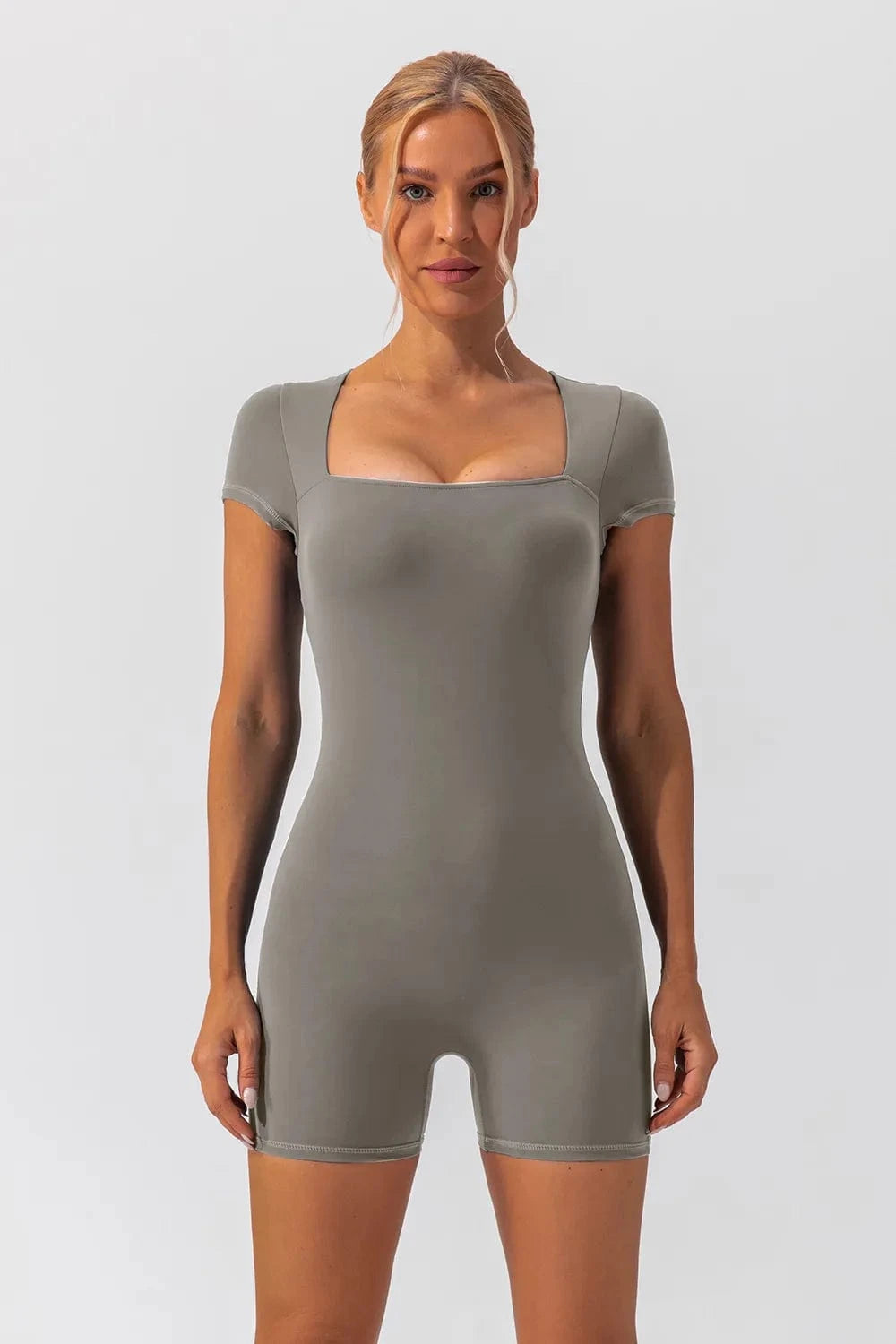 Square Neck Cap Sleeve Active Romper - ShalayeFashion
