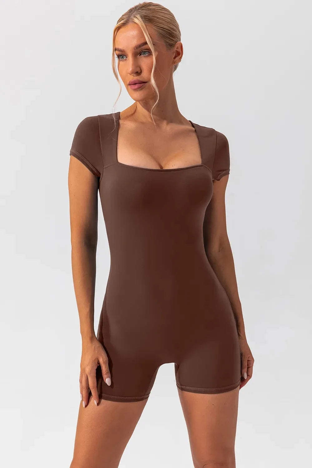 Square Neck Cap Sleeve Active Romper - ShalayeFashion