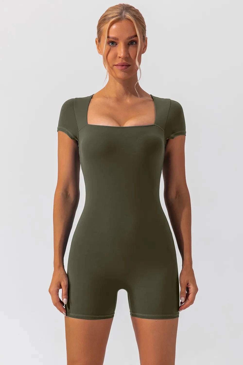 Square Neck Cap Sleeve Active Romper - ShalayeFashion