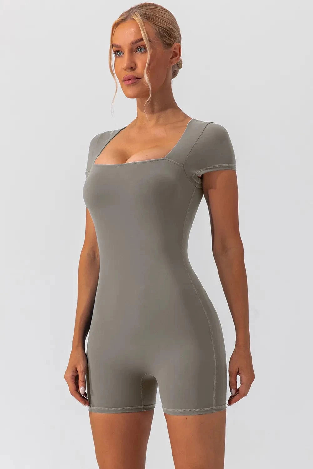 Square Neck Cap Sleeve Active Romper - ShalayeFashion