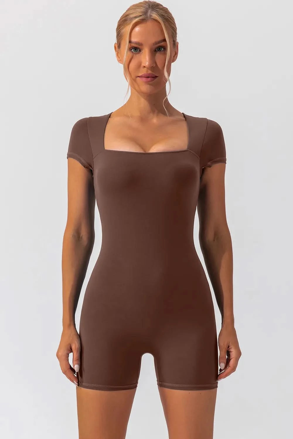 Square Neck Cap Sleeve Active Romper - ShalayeFashion
