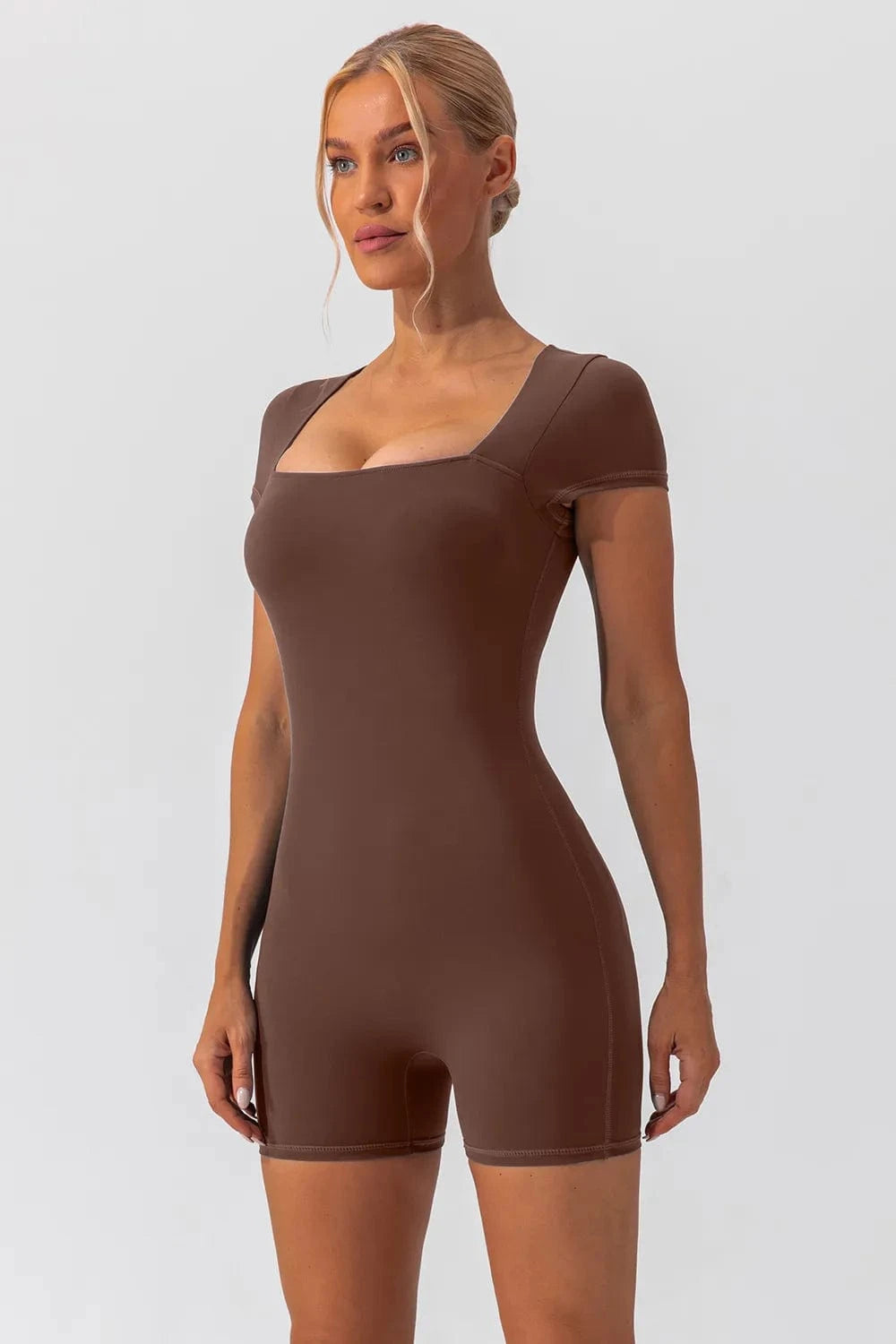 Square Neck Cap Sleeve Active Romper - ShalayeFashion