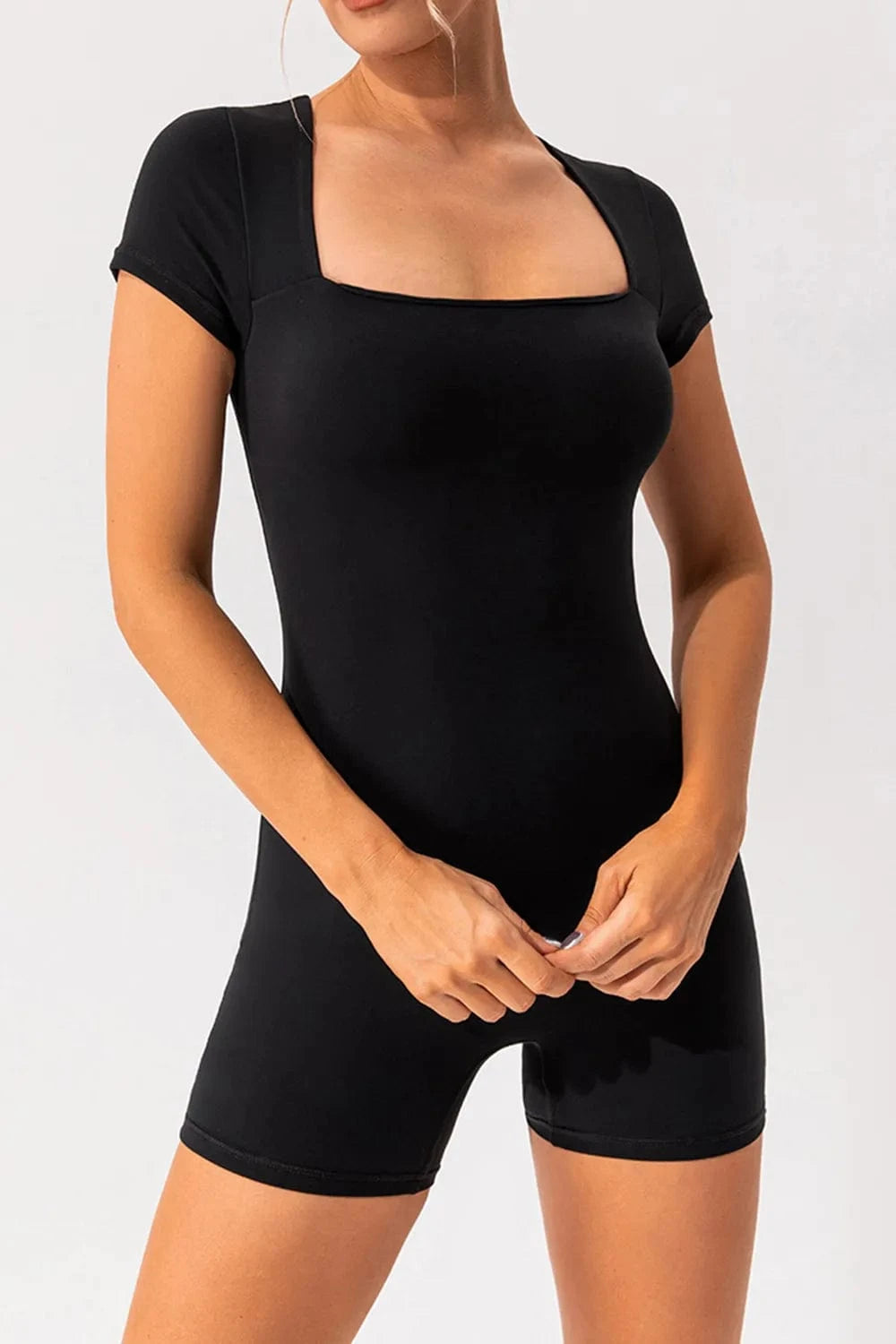 Square Neck Cap Sleeve Active Romper - ShalayeFashion