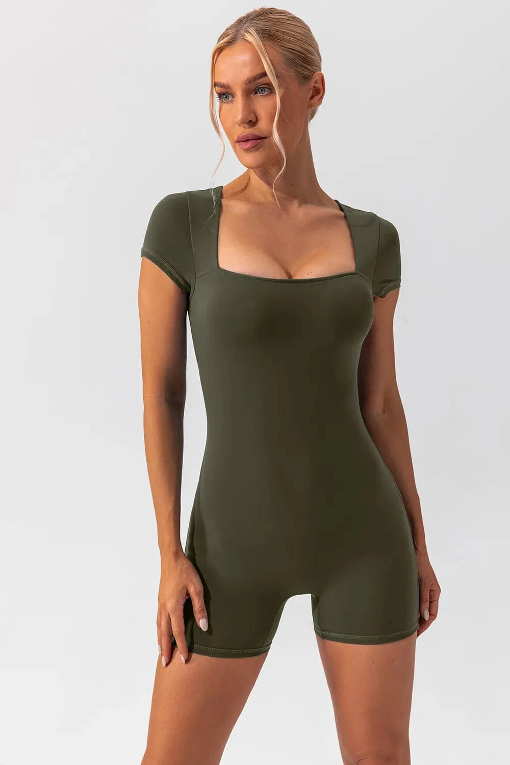 Square Neck Cap Sleeve Active Romper - ShalayeFashion