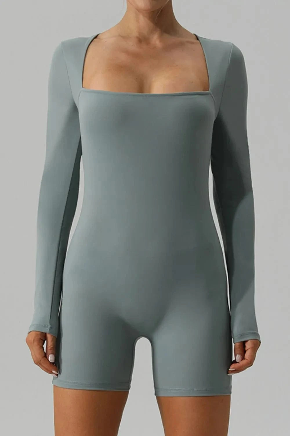 Square Neck Long Sleeve Active Romper - ShalayeFashion