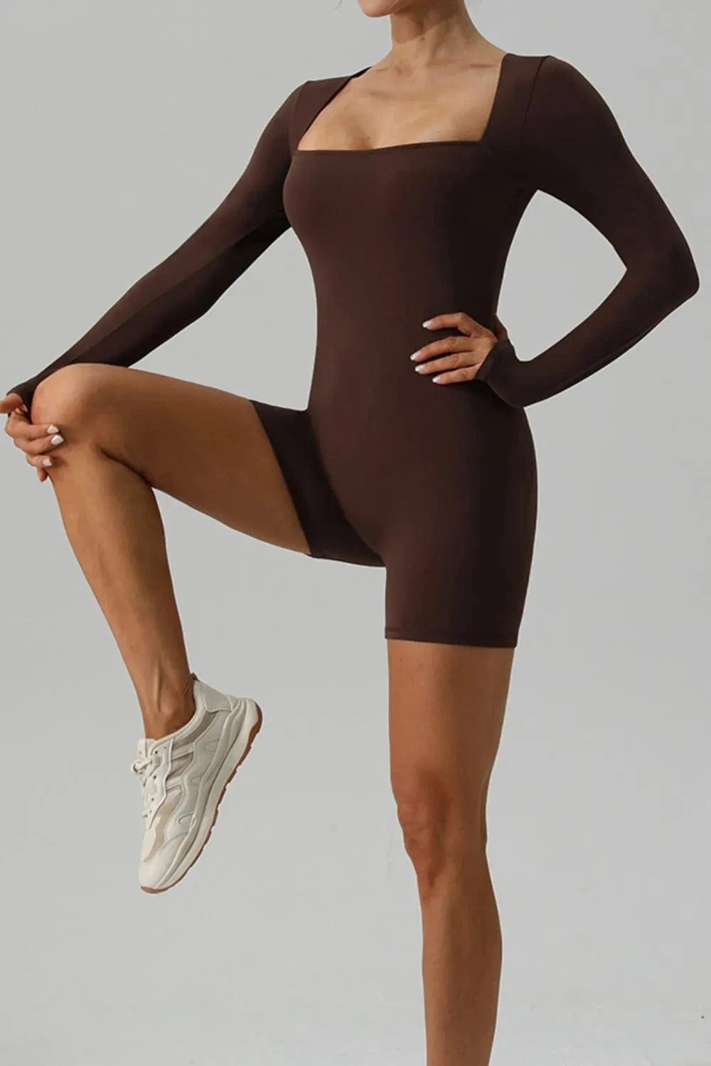 Square Neck Long Sleeve Active Romper - ShalayeFashion