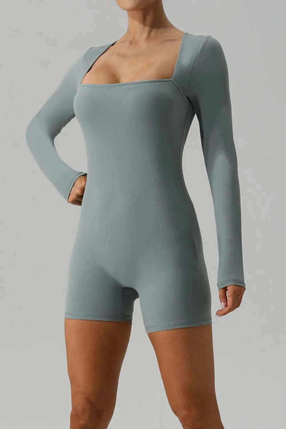 Square Neck Long Sleeve Active Romper - ShalayeFashion