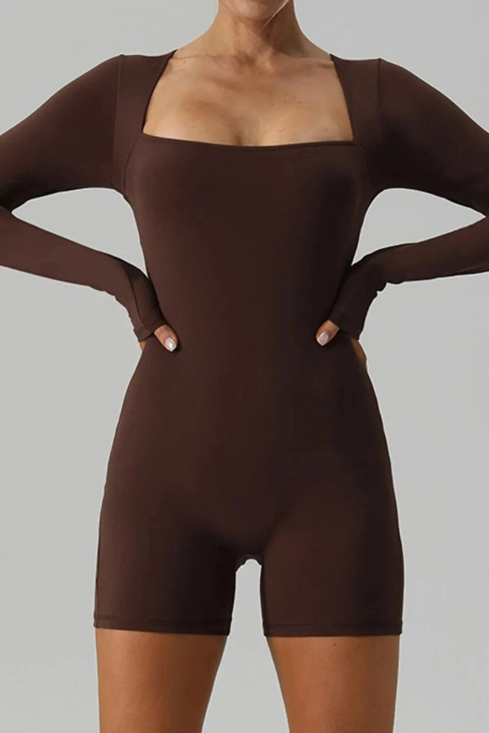Square Neck Long Sleeve Active Romper - ShalayeFashion